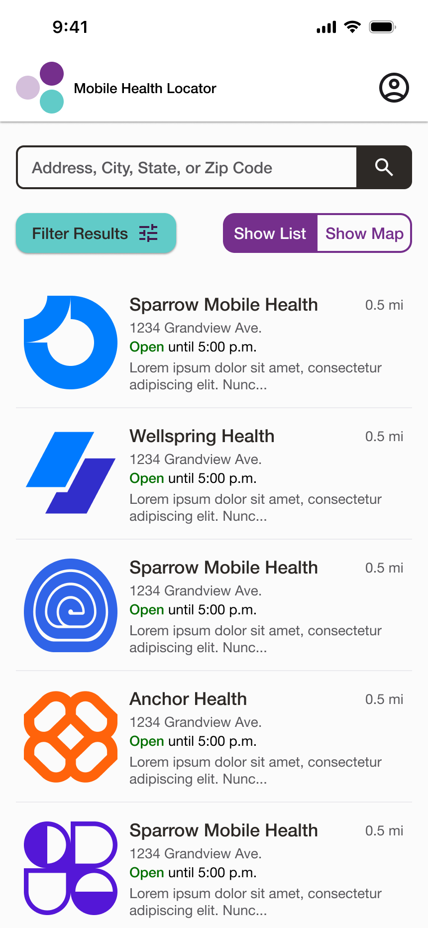 Mobile app screenshot showing a list of health clinics and their information