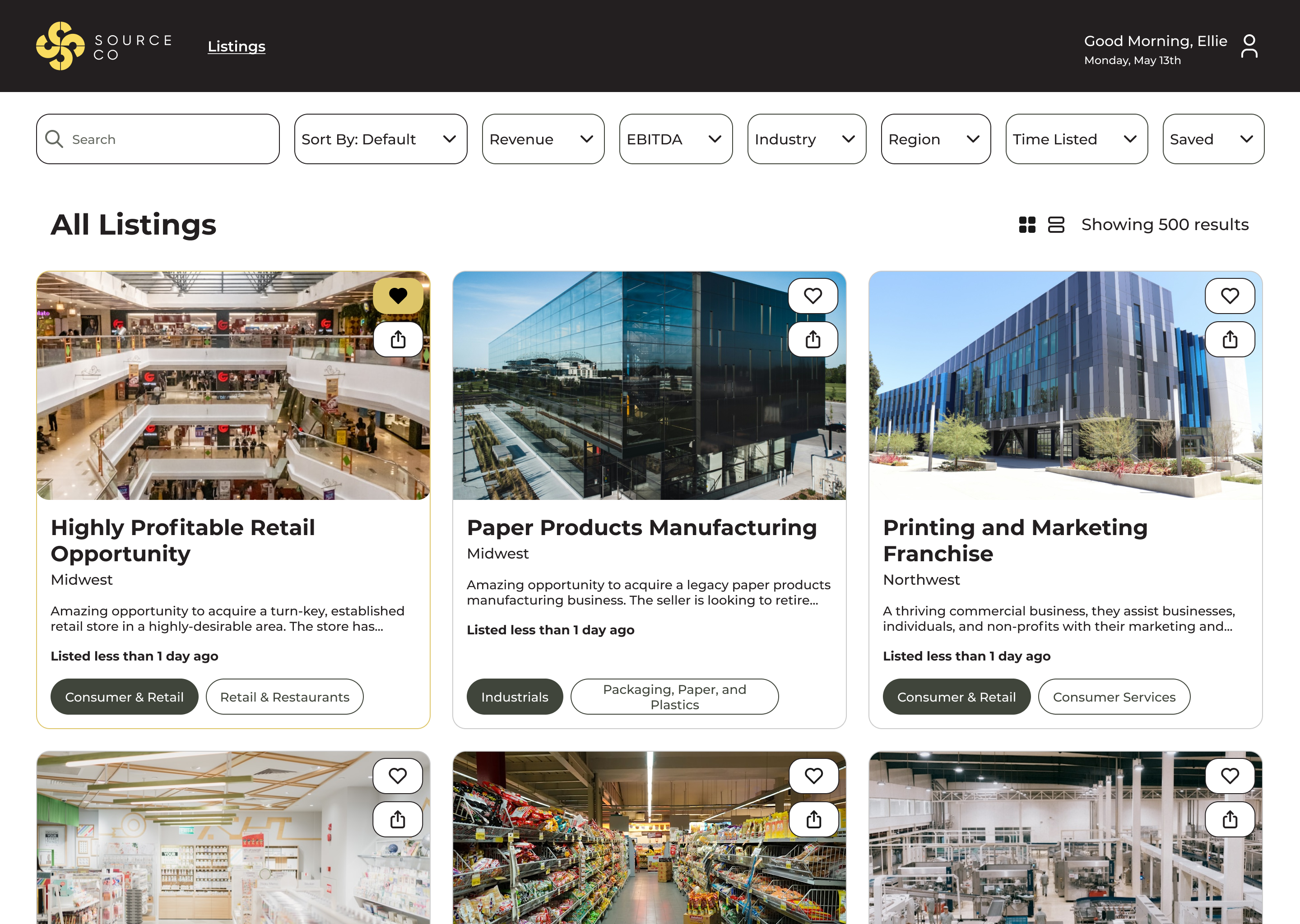 Desktop screenshot of a tile view of listings of businesses for sale