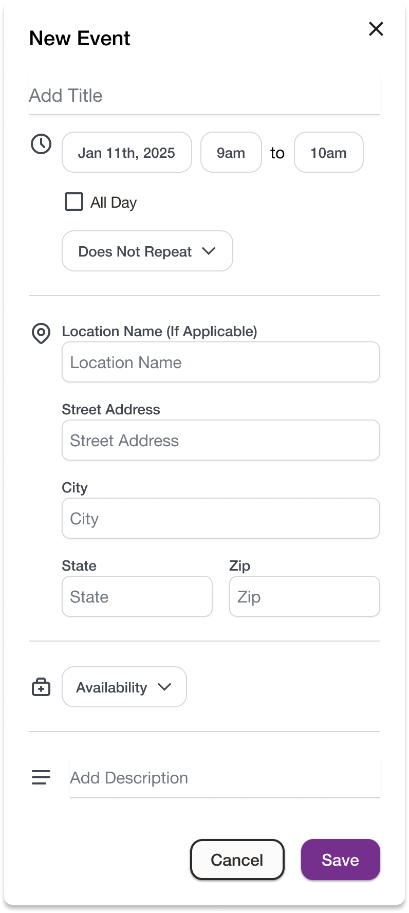 Mobile app screenshot showing form fields for a new calendar event