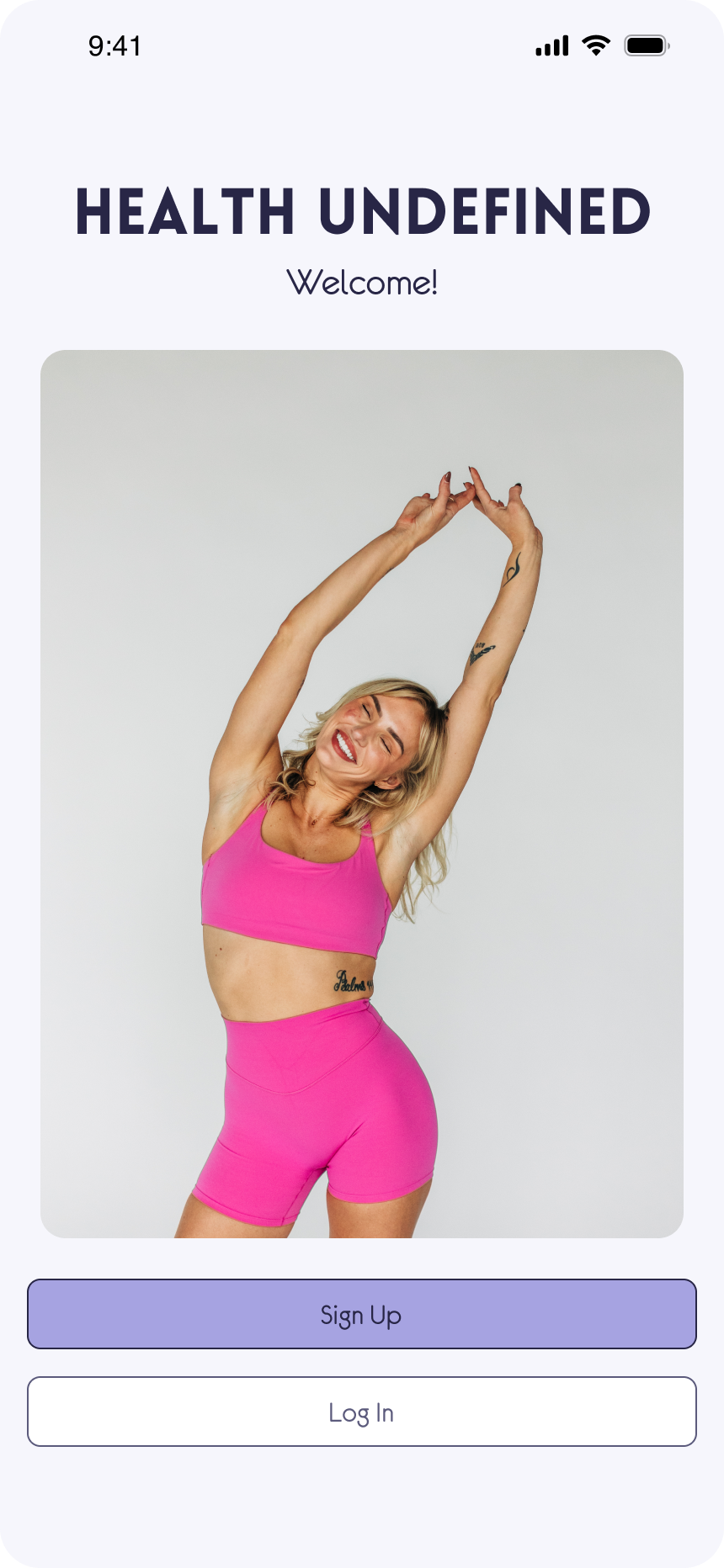Mobile app screenshot of splash page with woman in pink workout set raising her arms over her head