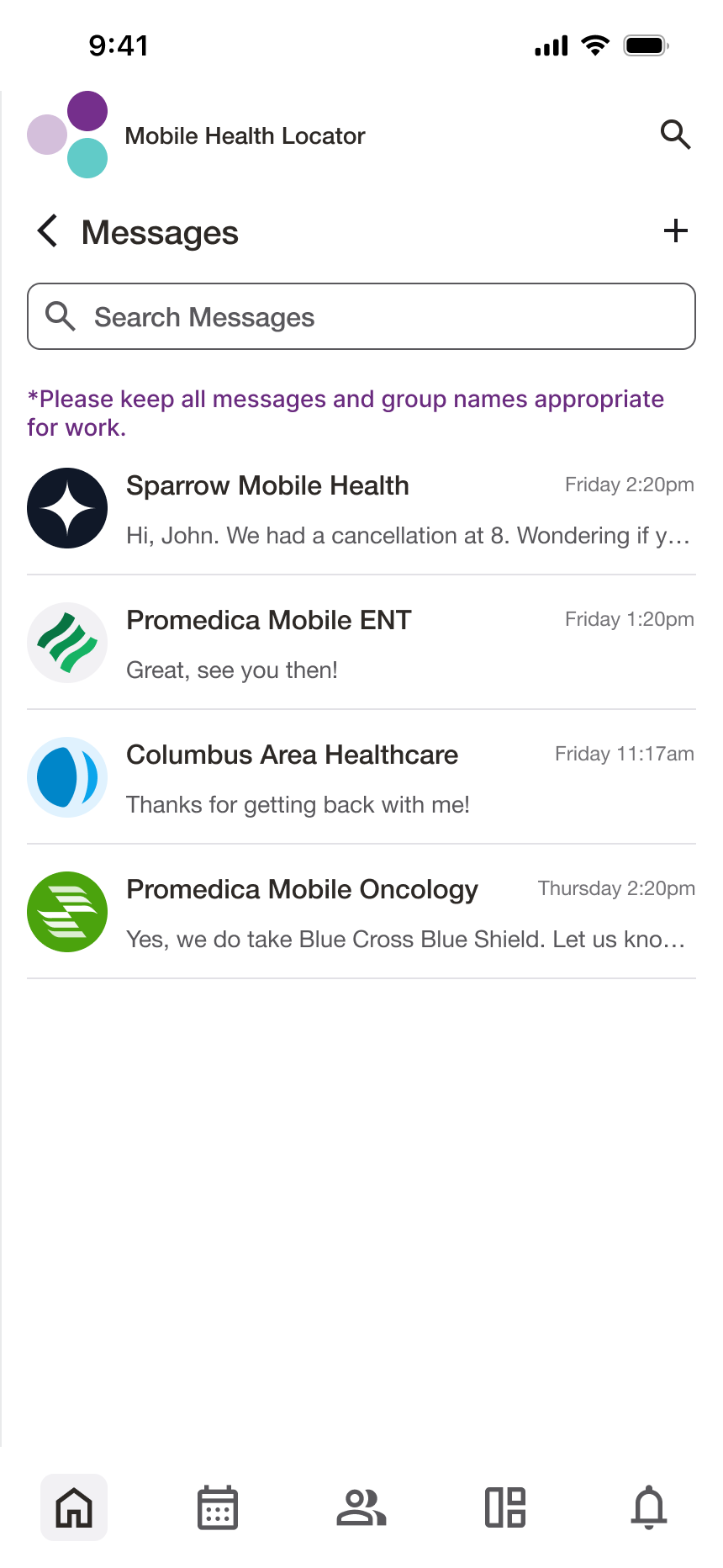 Mobile app screenshot showing a messaging interface
