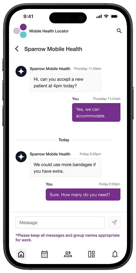 Mobile app screenshot showing a messaging interface