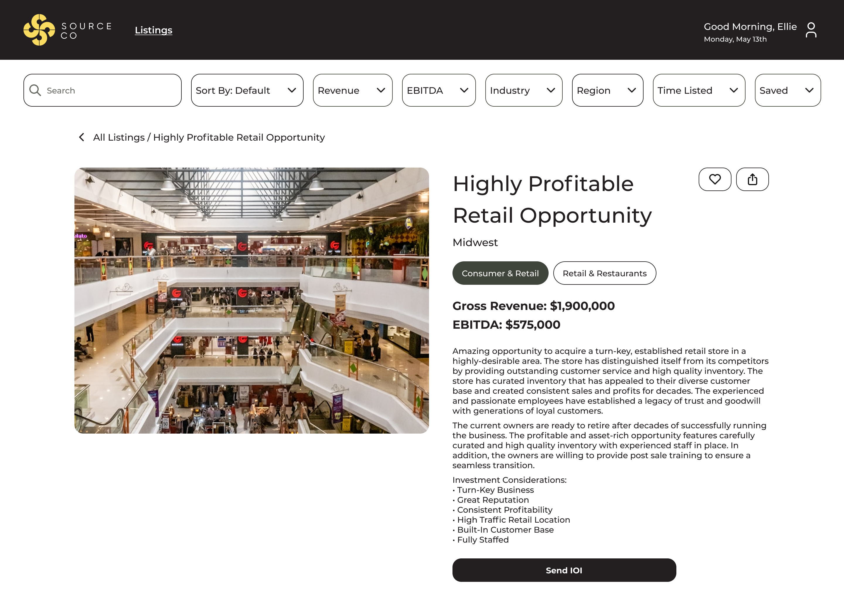 Desktop screenshot of listing information for a business for sale
