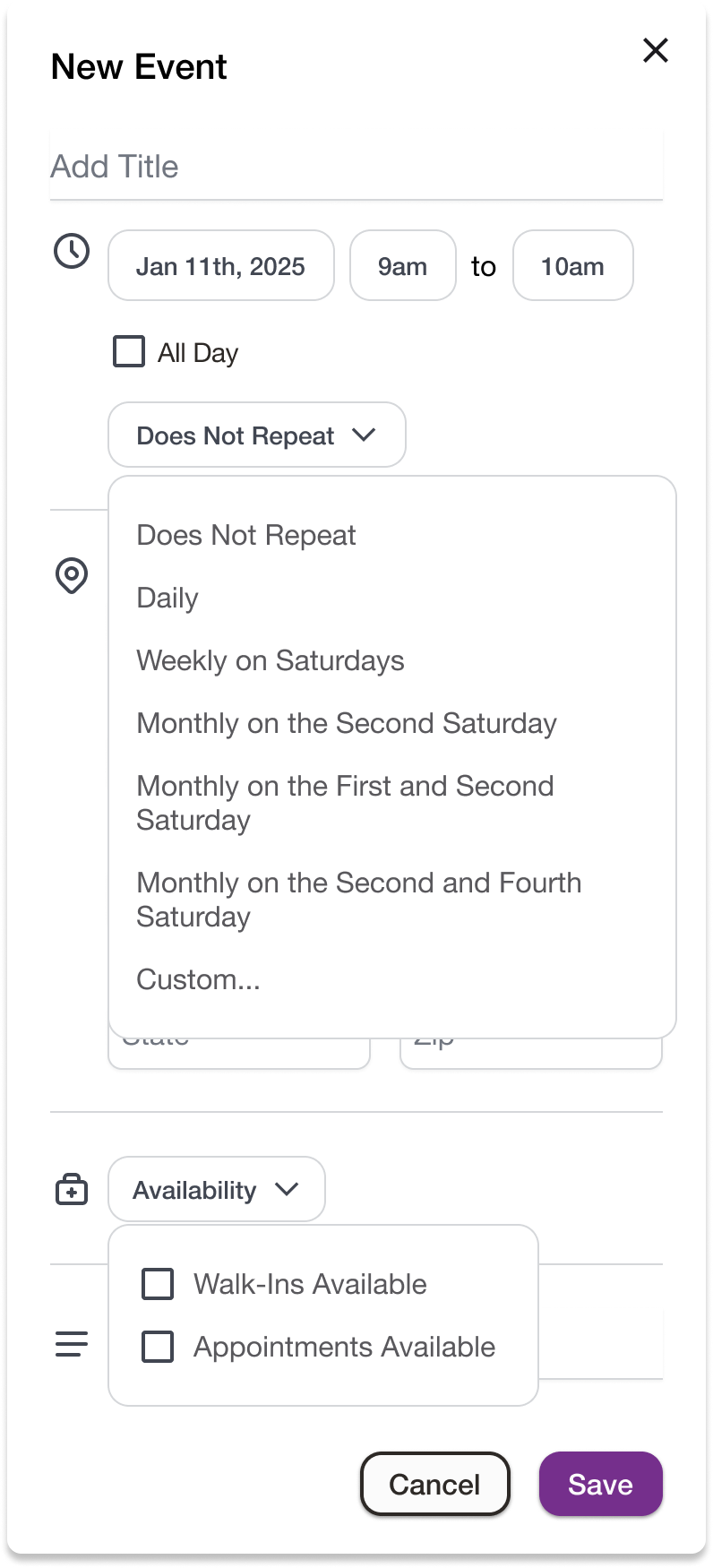 Mobile app screenshot showing dropdown for repeating events and appointment availability
