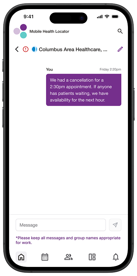 Mobile app screenshot showing a messaging interface