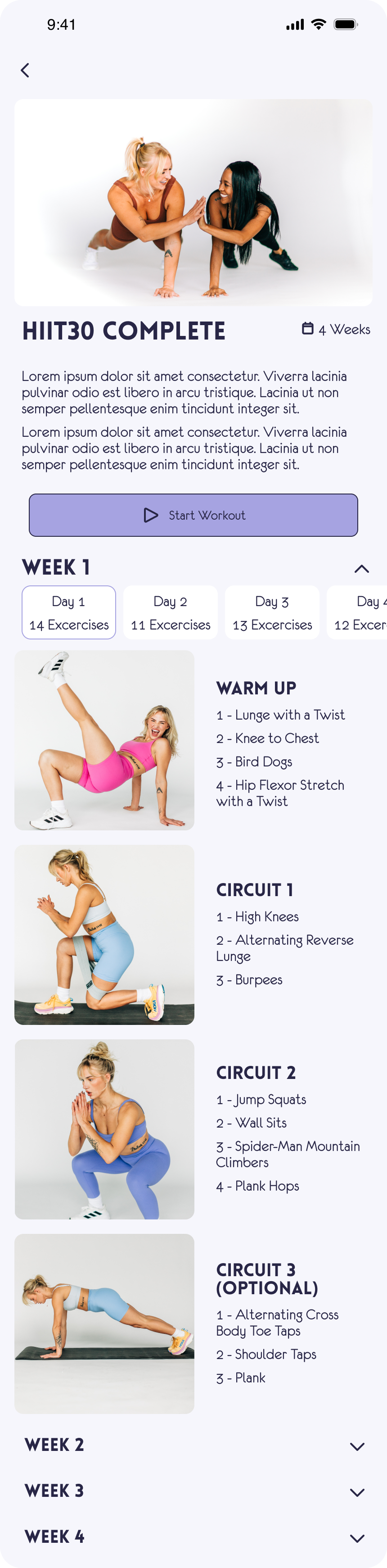 Mobile app screenshot of a desciption of a workout page with all exercises described with photos
