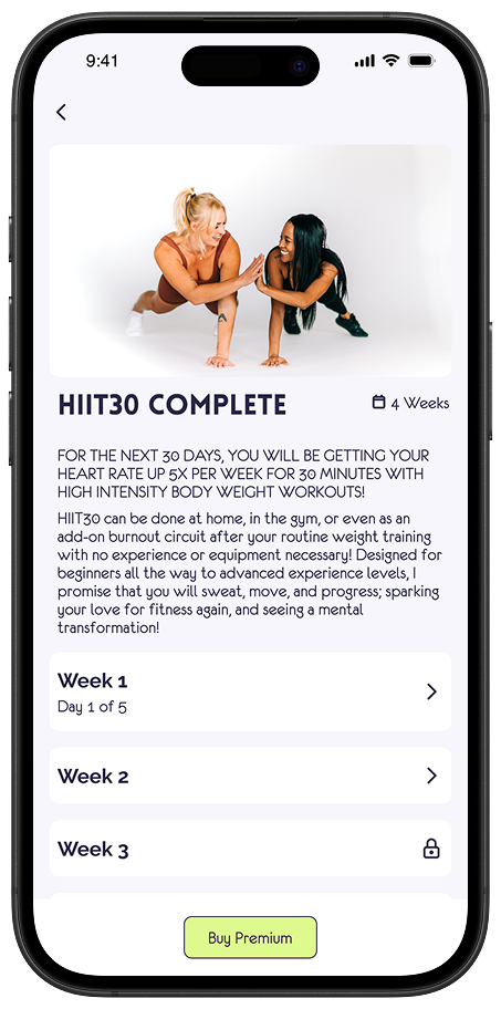 Mobile app screenshot showing a workout description