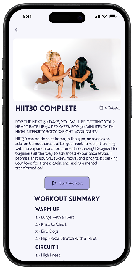 Mobile app screenshot of splash page with woman in pink workout set raising her arms over her head