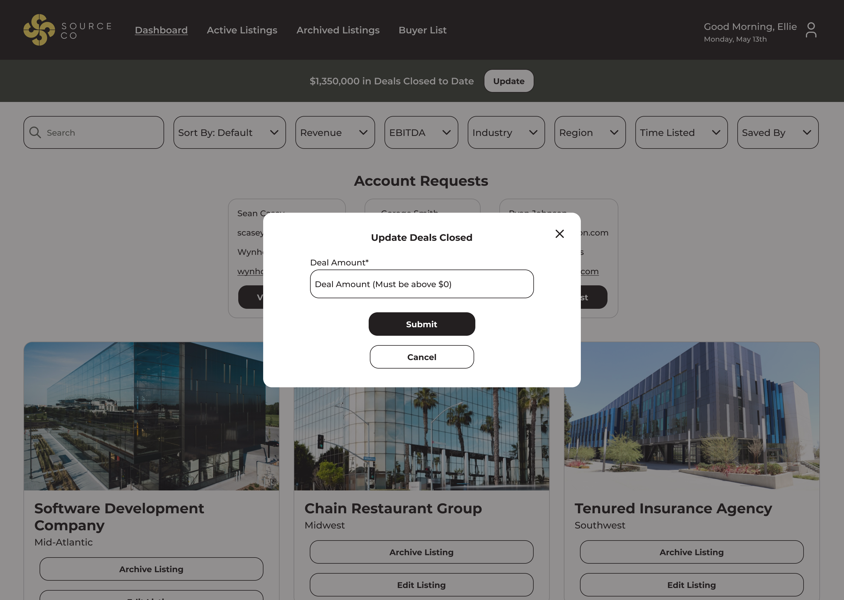 Desktop screenshot of form field to update deals closed