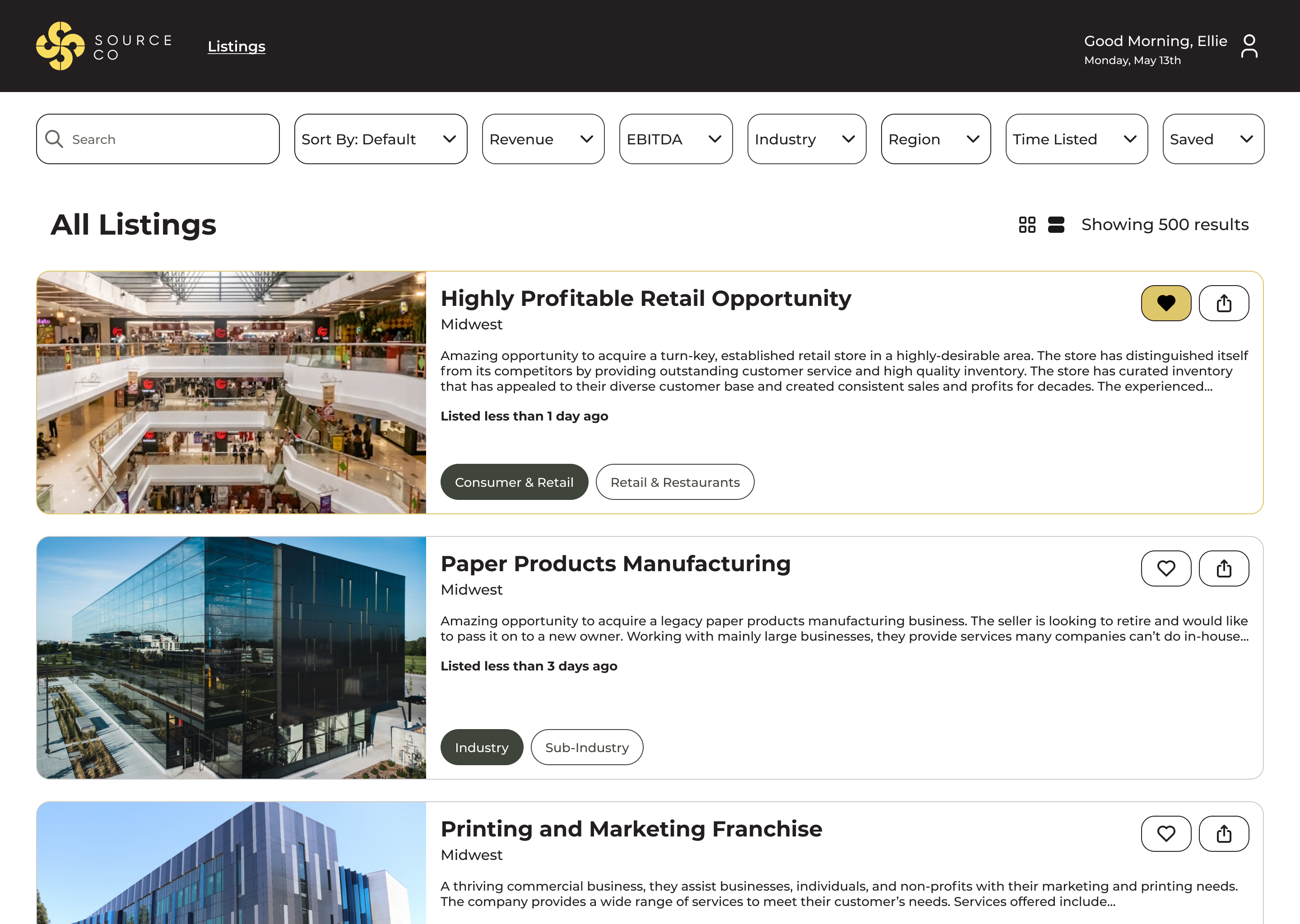 Desktop screenshot of a list view of listings of businesses for sale