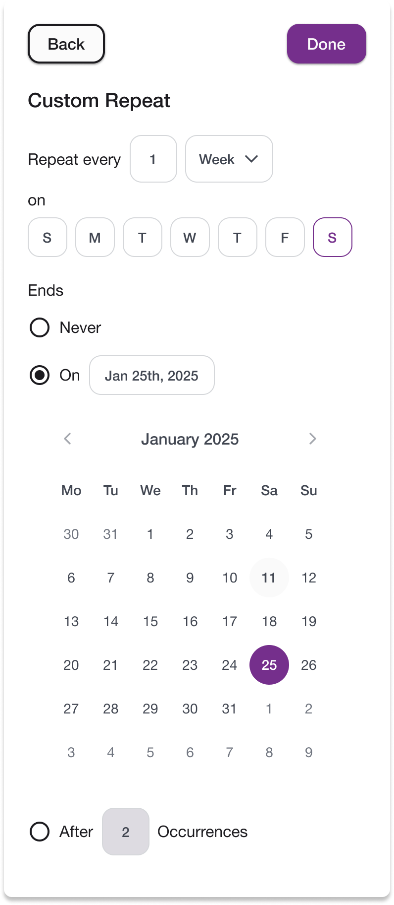Mobile app screenshot showing a scheduled event in a calendar modal
