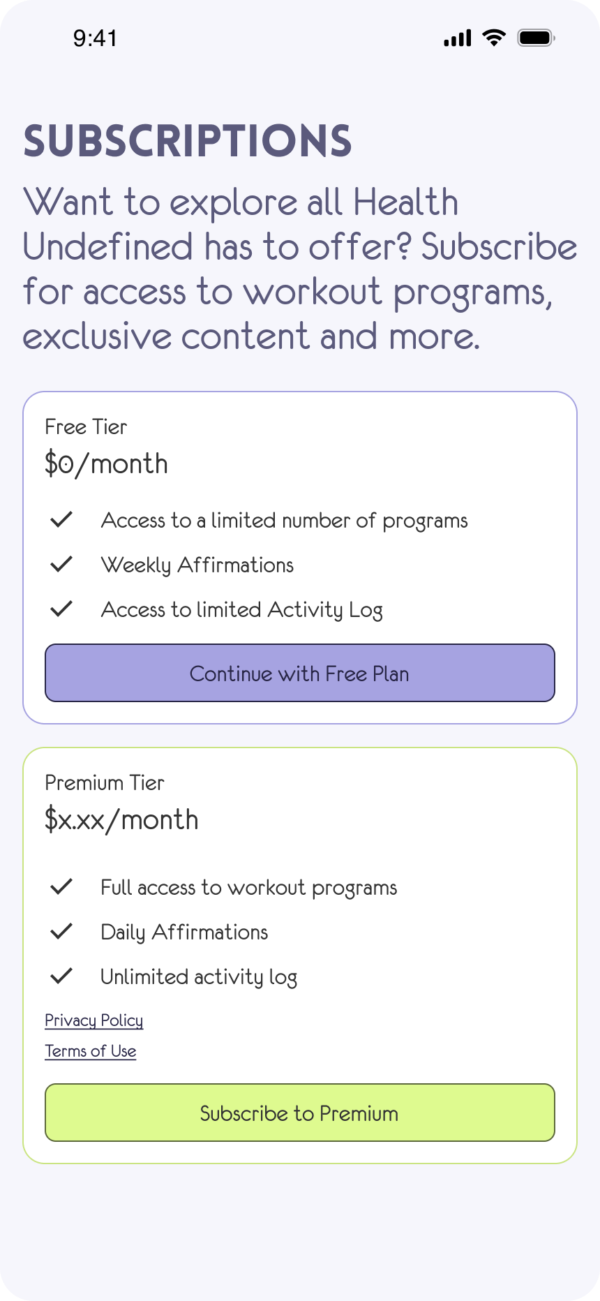 Mobile app screenshot of a subscription page with options to subscribe or continue with free plan