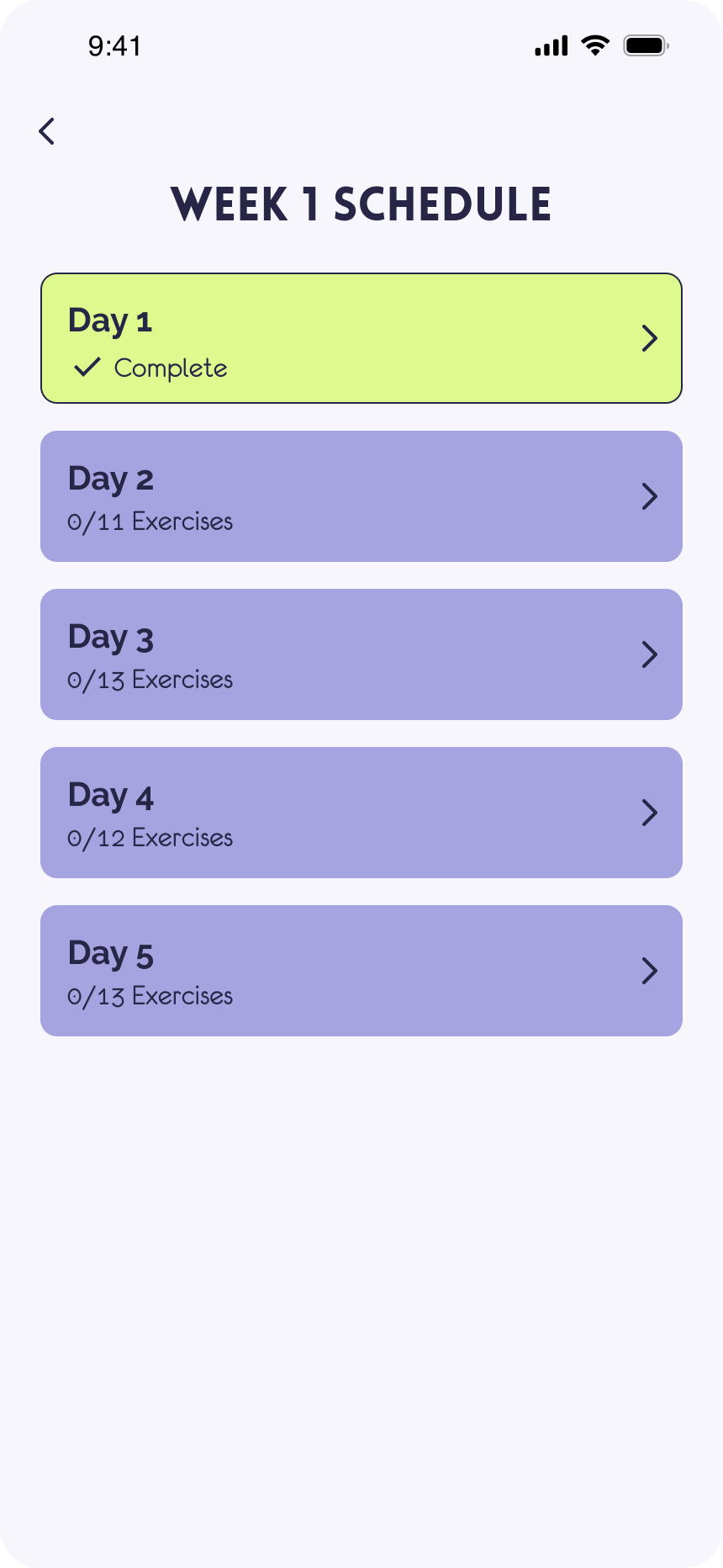 Mobile app screenshot of a weekly shcedule with days 1 through 5