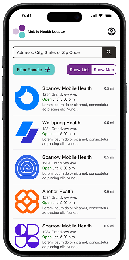 Mobile app screenshot showing a list of health clinics and their information