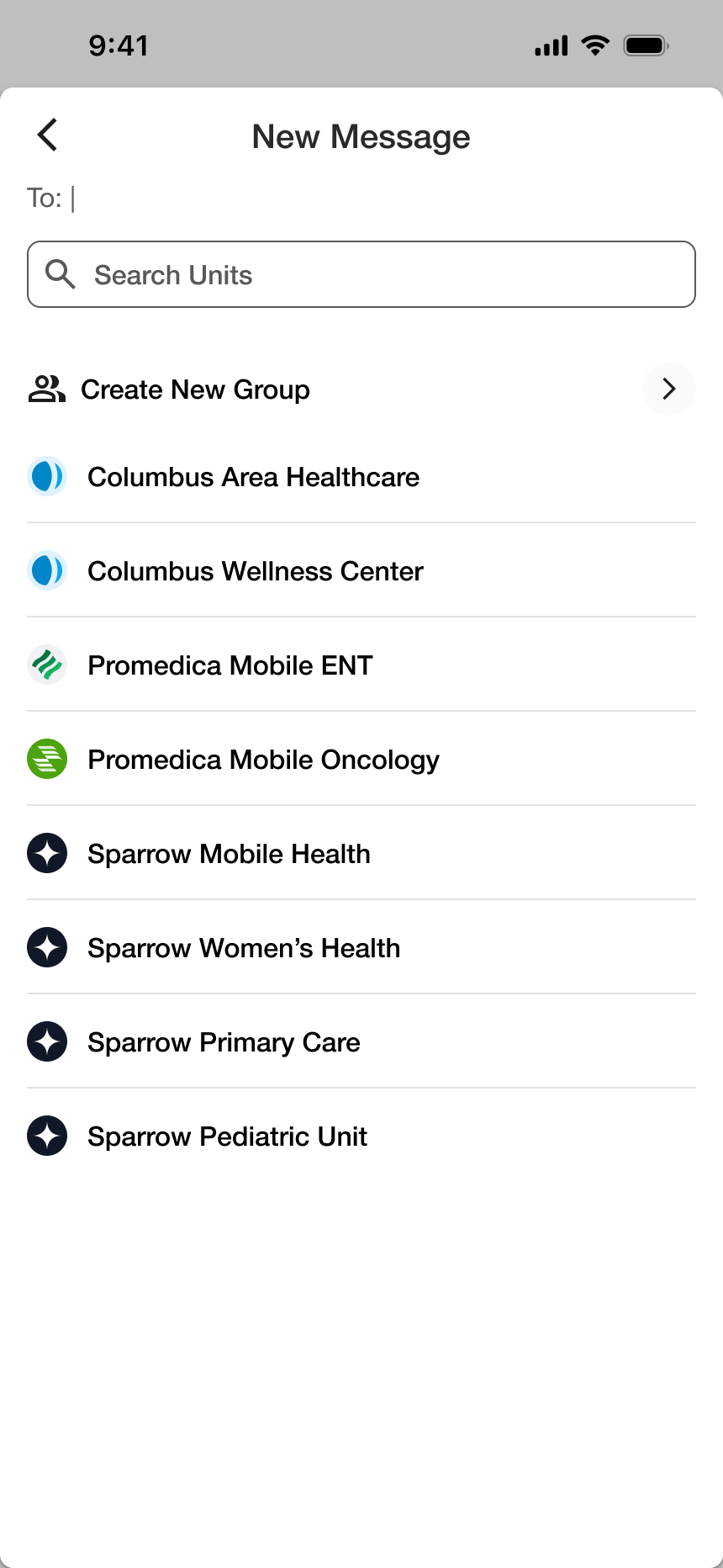 Mobile app screenshot showing a new message modal to choose recipients