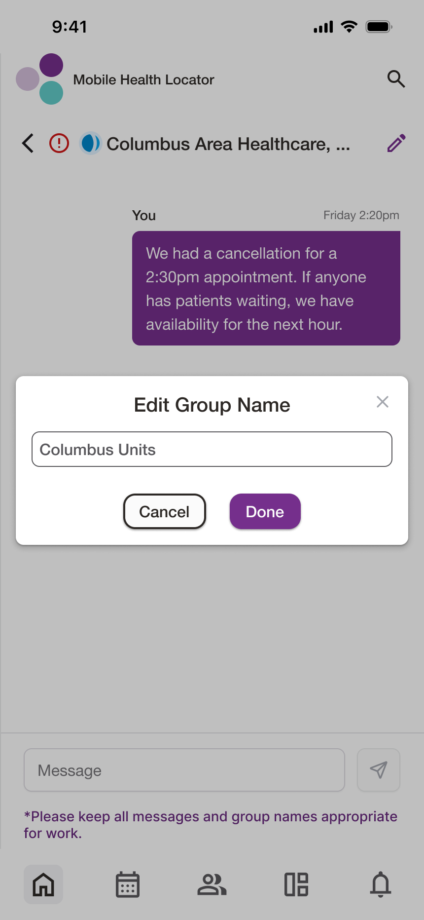 Mobile app screenshot showing a group message name editor text field
