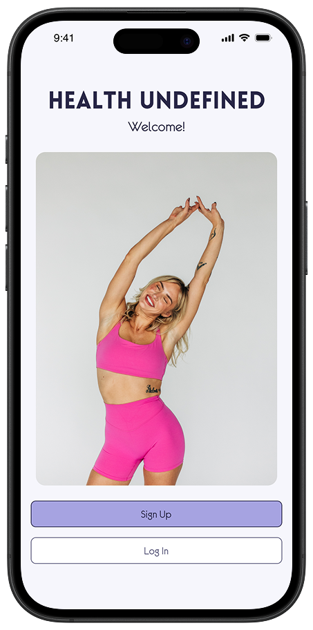 Mobile app screenshot of splash page with woman in pink workout set raising her arms over her head