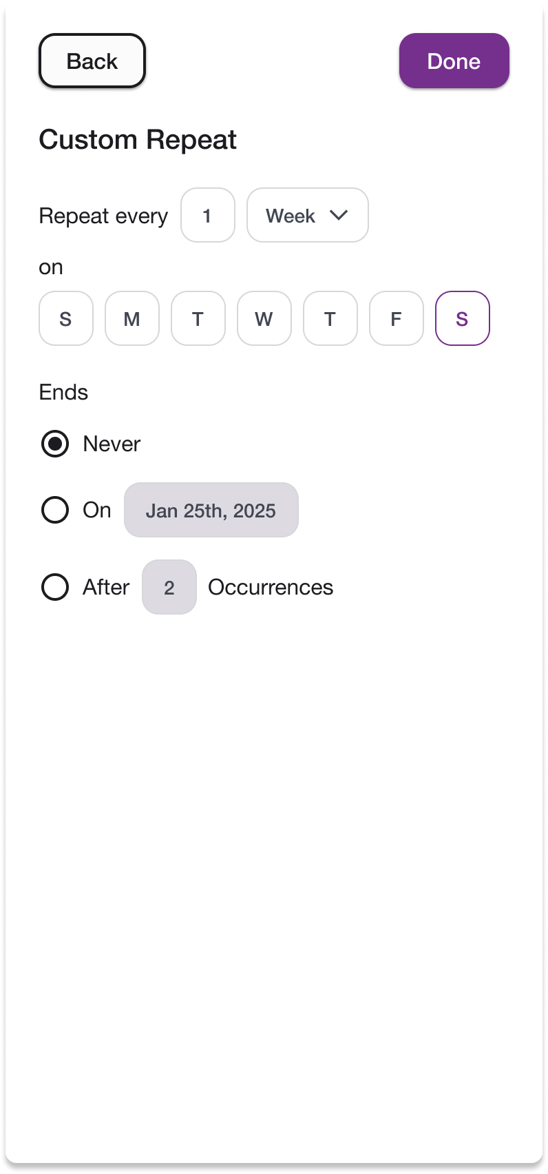 Mobile app screenshot showing custom repeat options for events