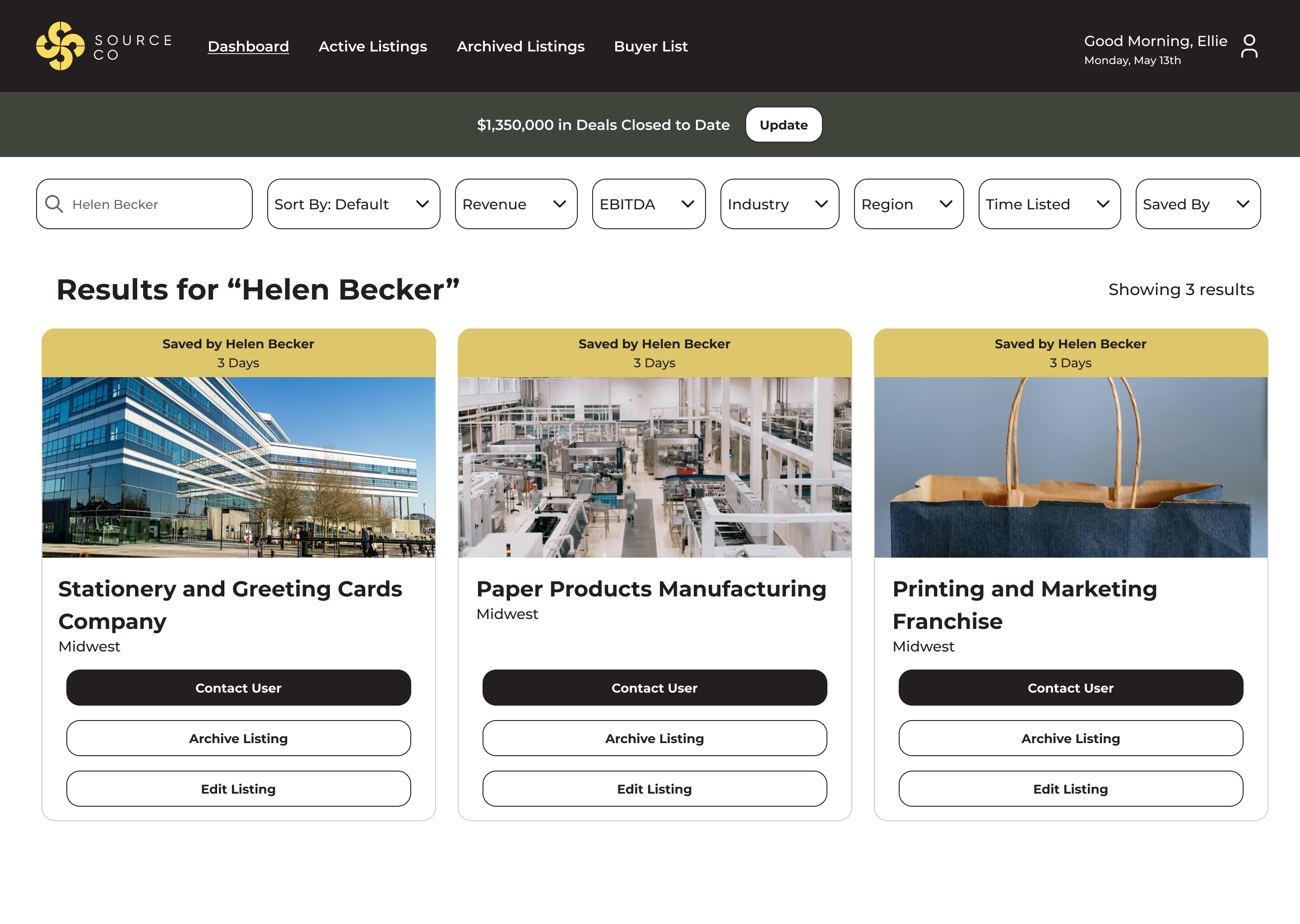 Desktop screenshot of search results for a person's saved listings