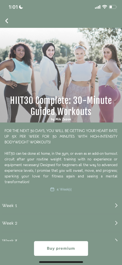 Mobile app screenshot of a workout description with a dark green background and white text