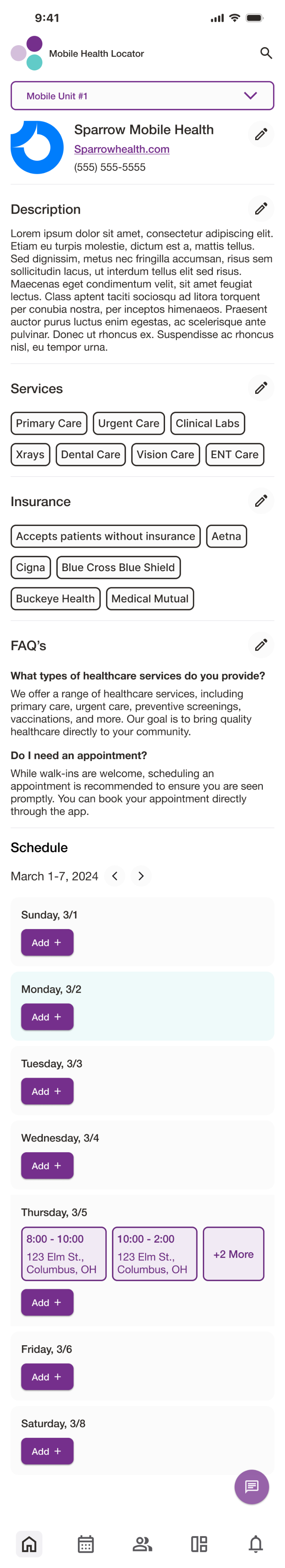 Mobile app screenshot showing mobile health clinic information and ability to edit