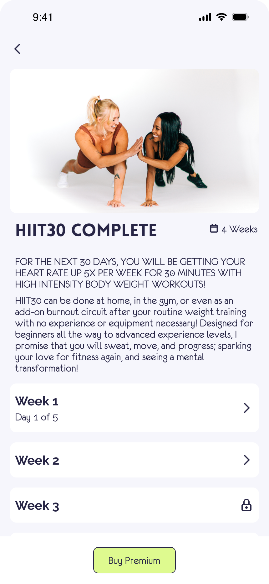 Mobile app screenshot showing a workout description