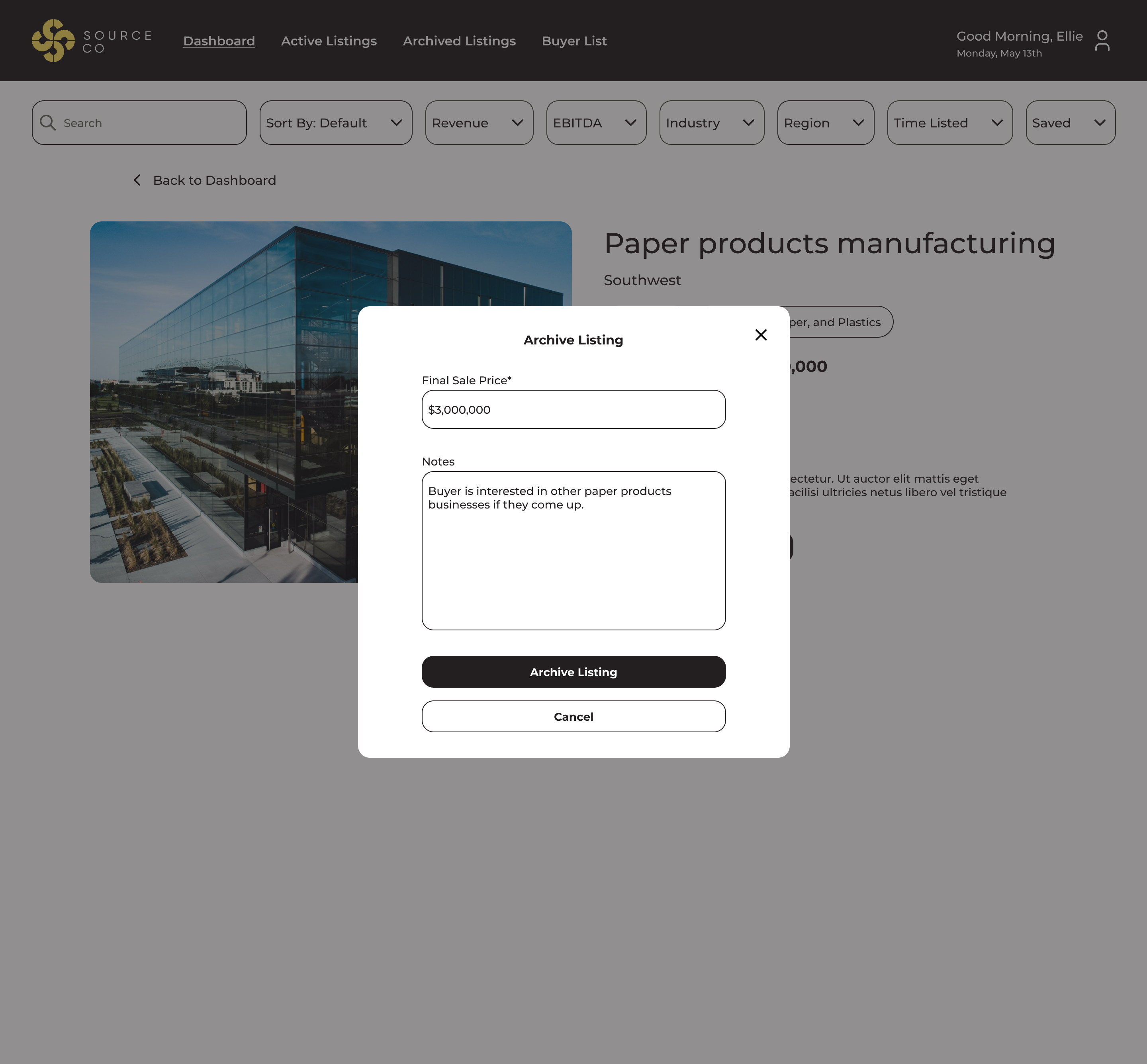 Desktop screenshot of form fields to archive a listing