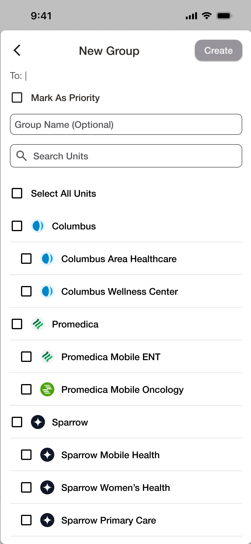 Mobile app screenshot showing a new group message modal to choose recipients