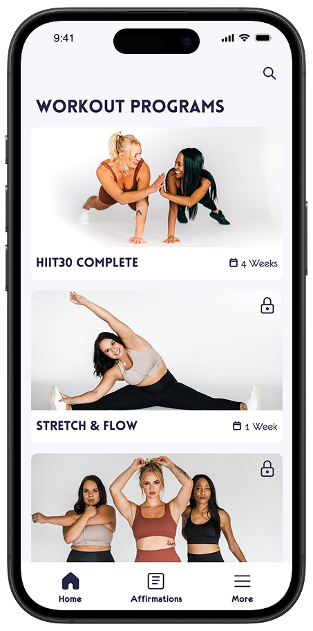 Mobile app screenshot showing a list of workout program cards