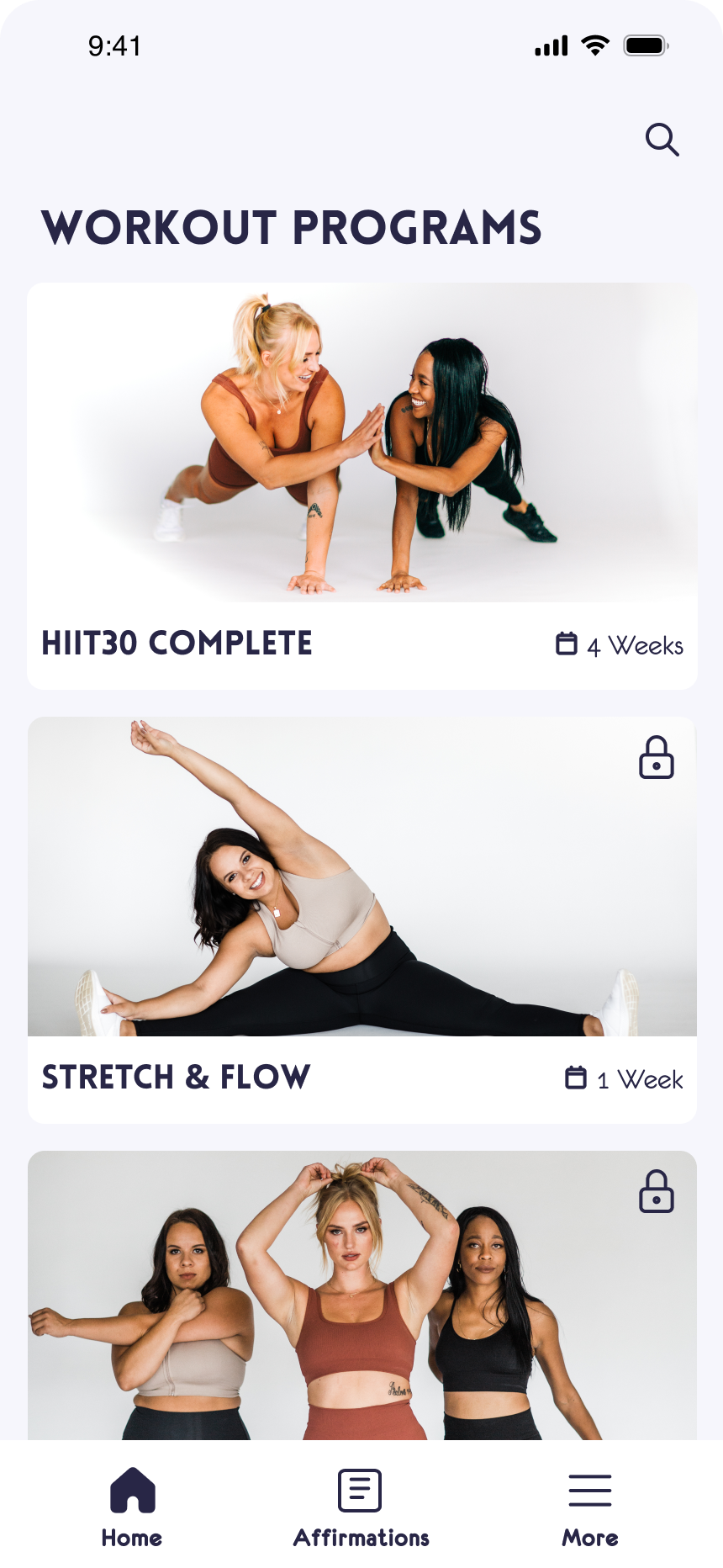 Mobile app screenshot showing a list of workout program cards