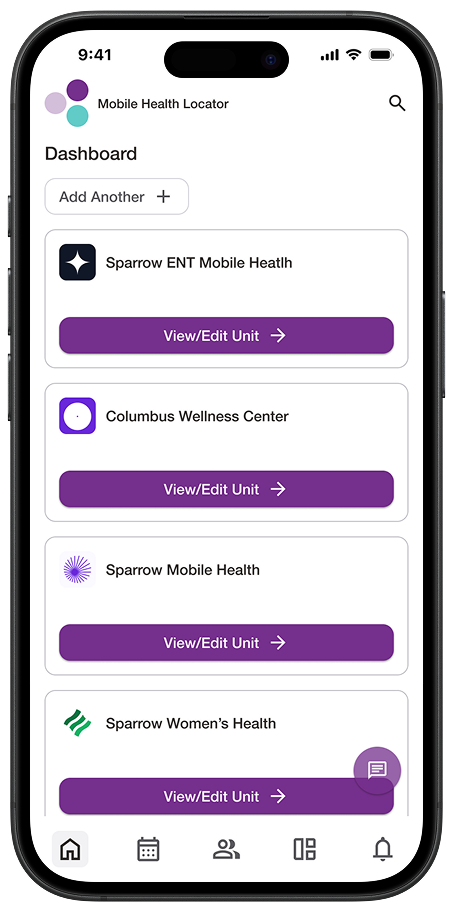 Mobile app screenshot showing a list of health clinics and their information
