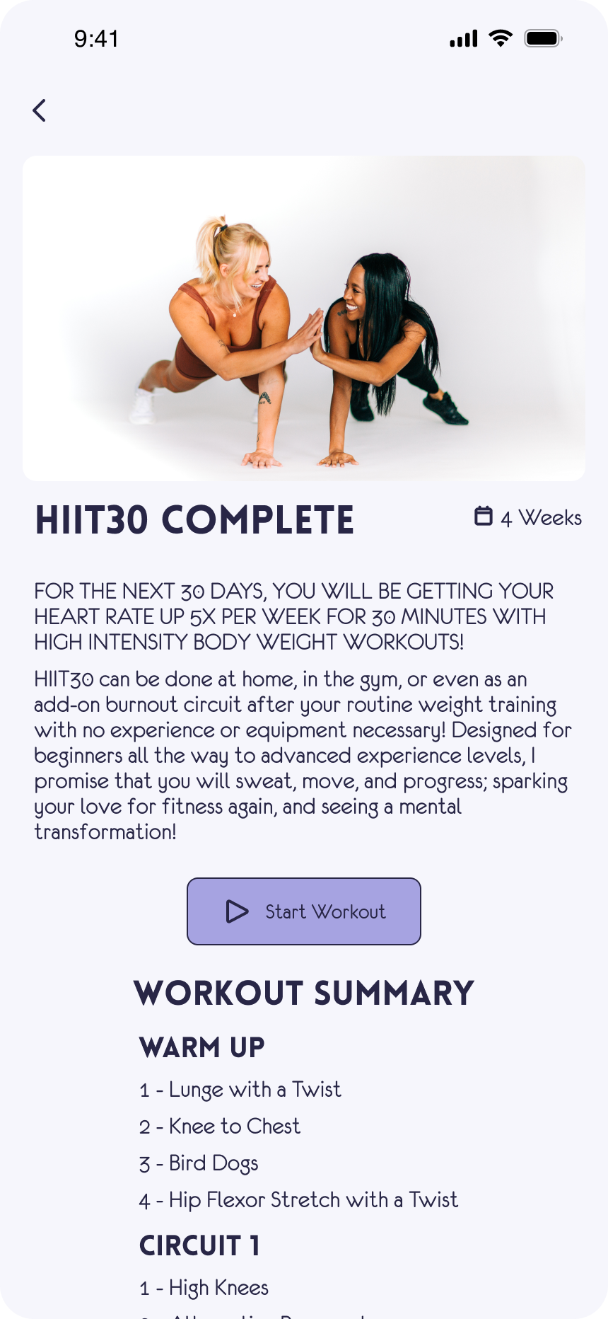 Mobile app screenshot showing a workout description