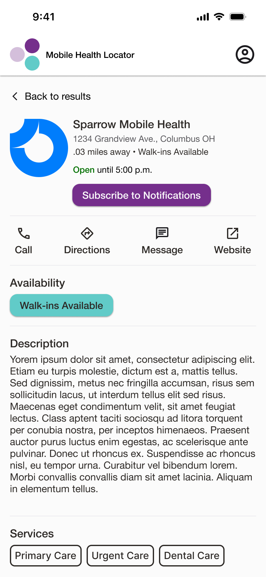 Mobile app screenshot showing health clinic information