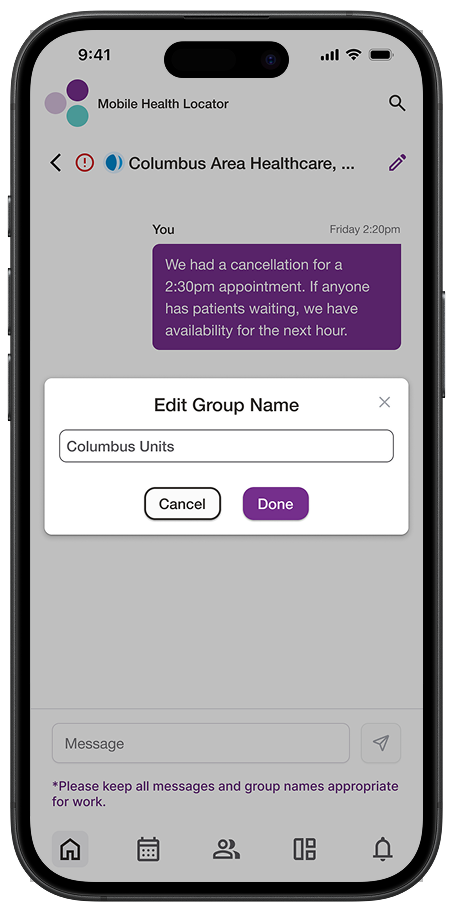 Mobile app screenshot showing a messaging interface
