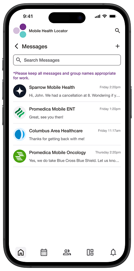 Mobile app screenshot showing a messaging interface