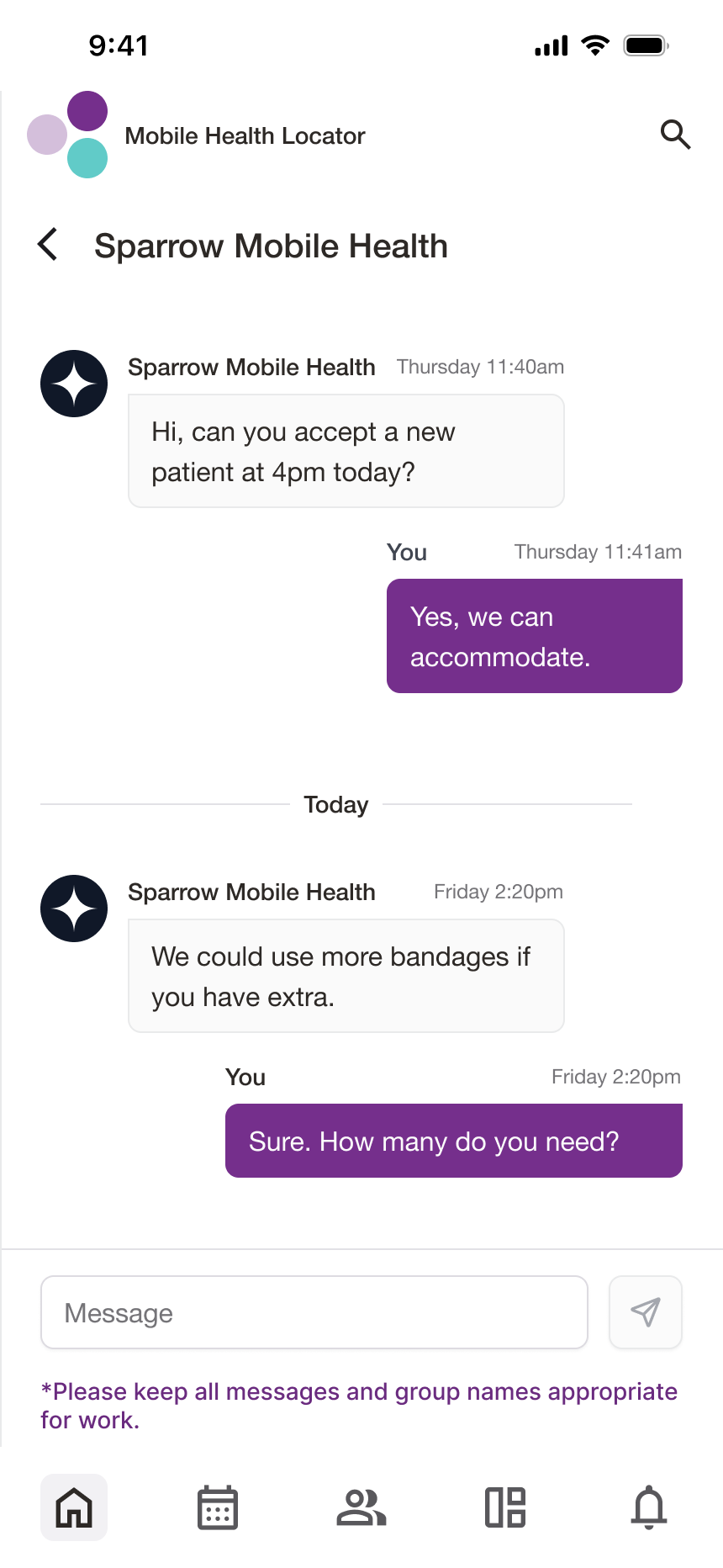 Mobile app screenshot showing messages between two health clinic representatives
