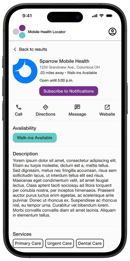 Mobile app screenshot showing health clinic information